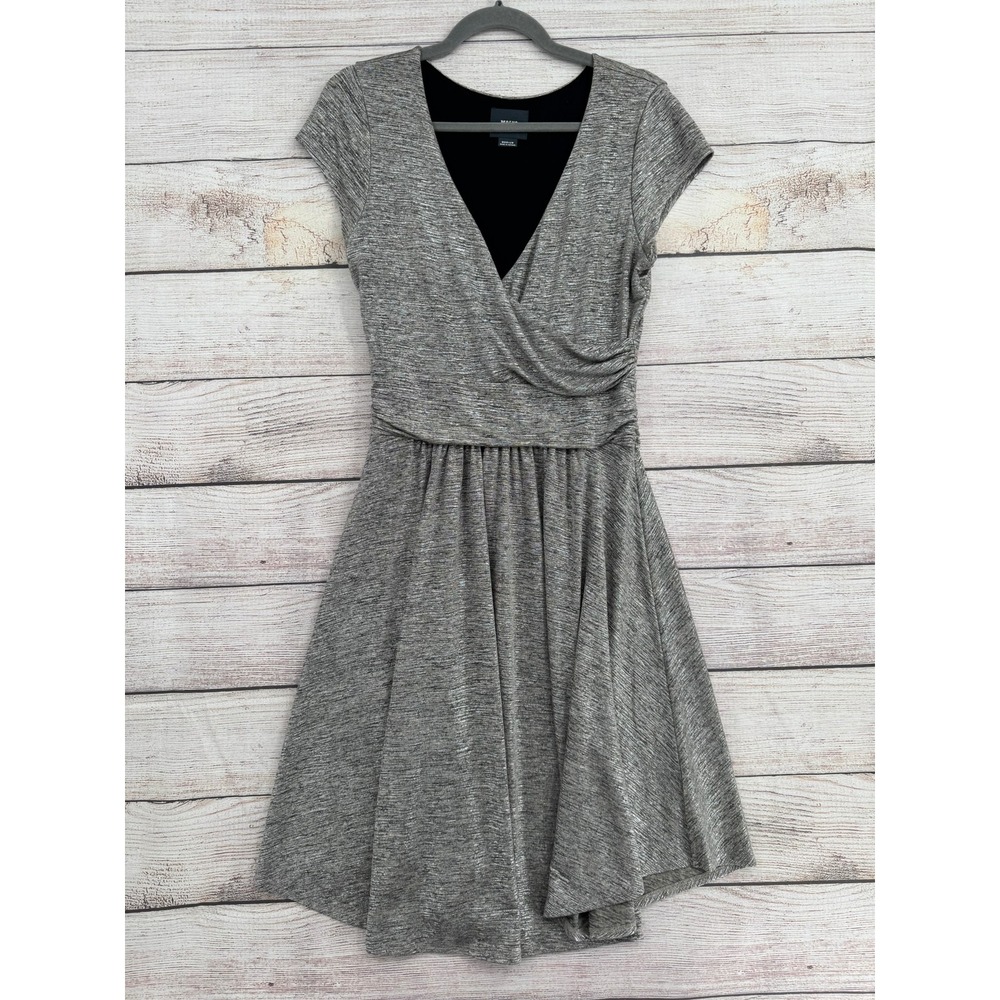 Maeve Faux Wrap Dress Womens Medium Silver Metallic‎ Surplice Cap Sleeve